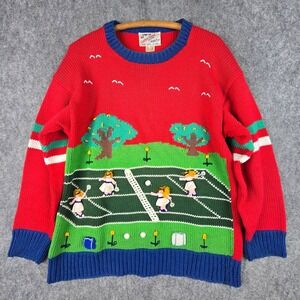 Cotton Salsa Sweater Womens L Red Tennis Scene Hand Made Peru Cotton Novelty